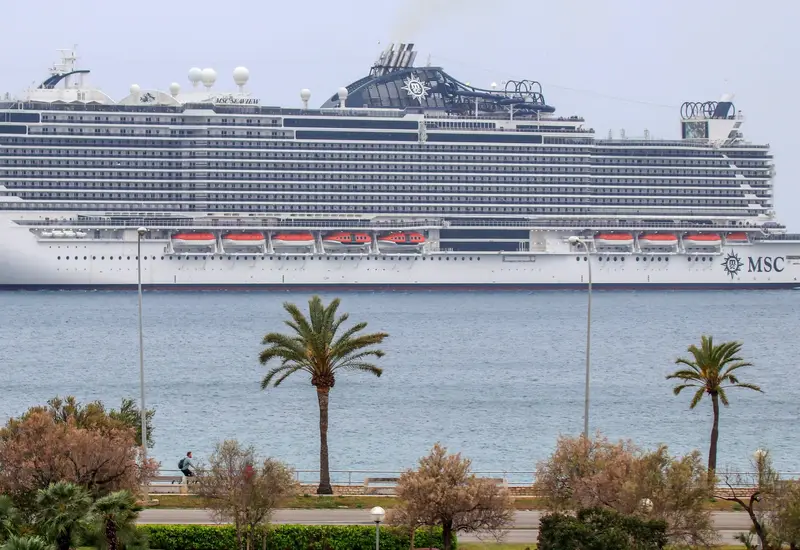 MSC Seaview cruise ship in the Mediterranean off a palm-lined shore